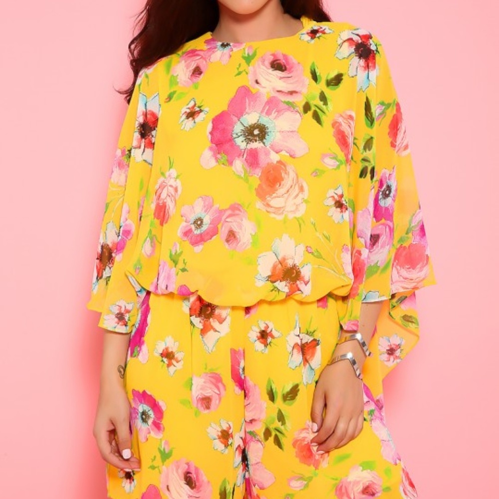 Sexy Yellow Floral Flare Quarter Sleeves Romper